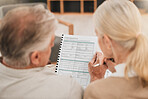 Old couple with mortgage application, retirement and paperwork for insurance, life partner and investment. Marriage, future planning and real estate with back of people, property and policy documents