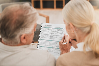 Buy stock photo Old couple with mortgage application, retirement and paperwork for insurance, life partner and investment. Marriage, future planning and real estate with back of people, property and policy documents