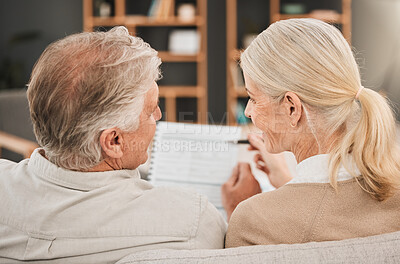 Buy stock photo Old couple with life insurance application, retirement fund and paperwork, partner with property investment or asset management. People in marriage, financial planning together and policy documents 