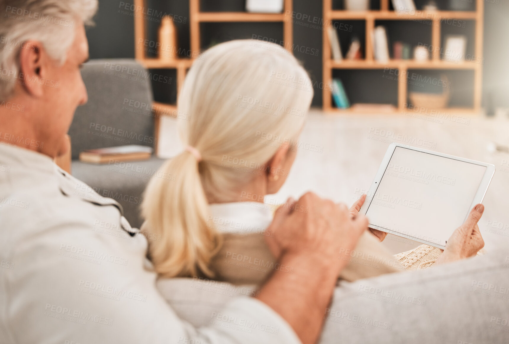 Buy stock photo Home, relax and senior couple on a couch, tablet and love with mockup space, website info and search internet. Romance, elderly woman and old man on a sofa, technology and social media with marriage