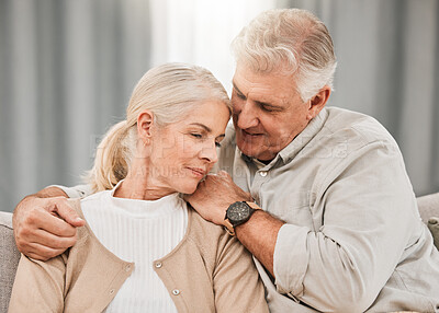 Buy stock photo Old couple, hug and relax on sofa with empathy and support, bonding while at home with trust and comfort. People with time together, marriage or partner in retirement, kindness and love with respect