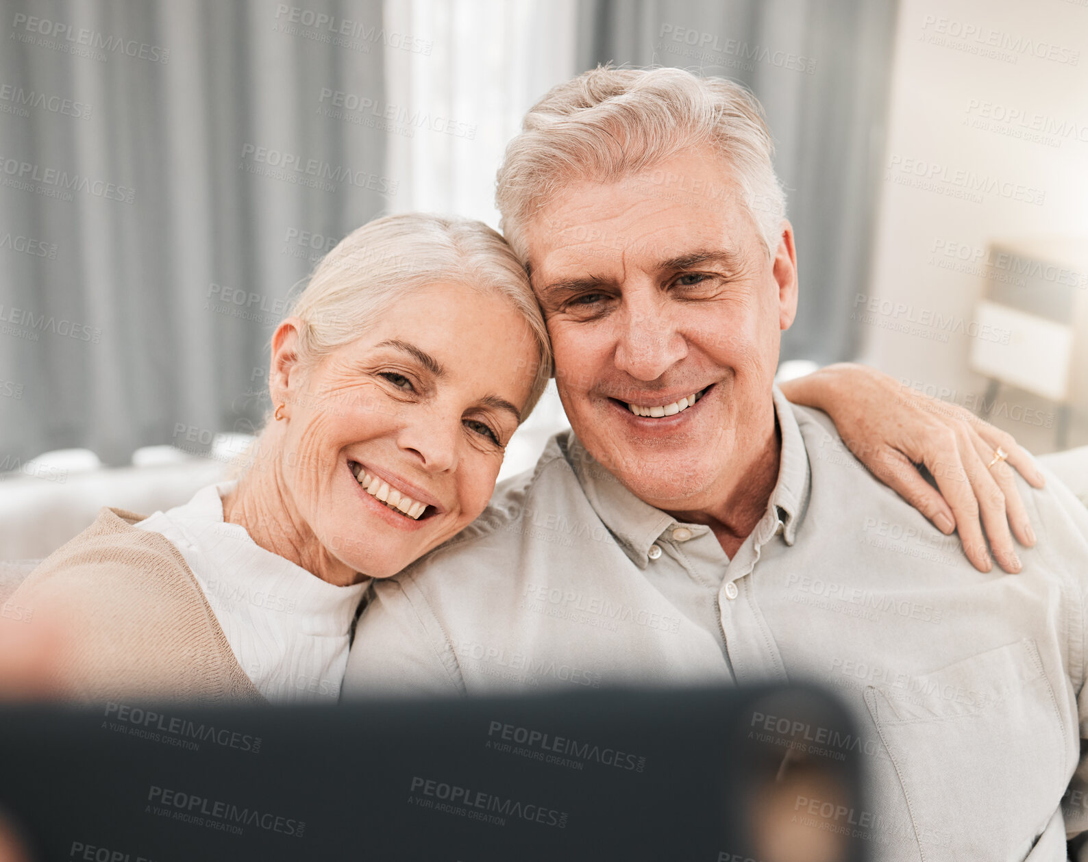 Buy stock photo Selfie, face and old couple on social media, happiness and memory with post for app and relax in retirement at home. Love, hug and people smile in profile picture or live streaming with photography