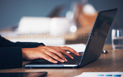 Buy stock photo Laptop, closeup and hands of business woman in office for research, planning or marketing on website. Typing, keyboard and female designer online for social media, analytics or project management 