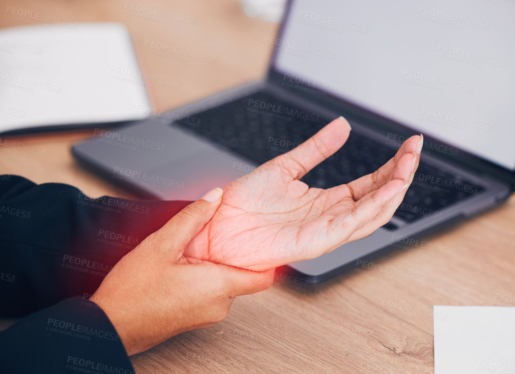 Buy stock photo Wrist, pain and business woman with laptop, mockup or screen in office closeup with injury. Hand, red and lady manager with carpal tunnel, arthritis or osteoporosis, joint and fibromyalgia crisis