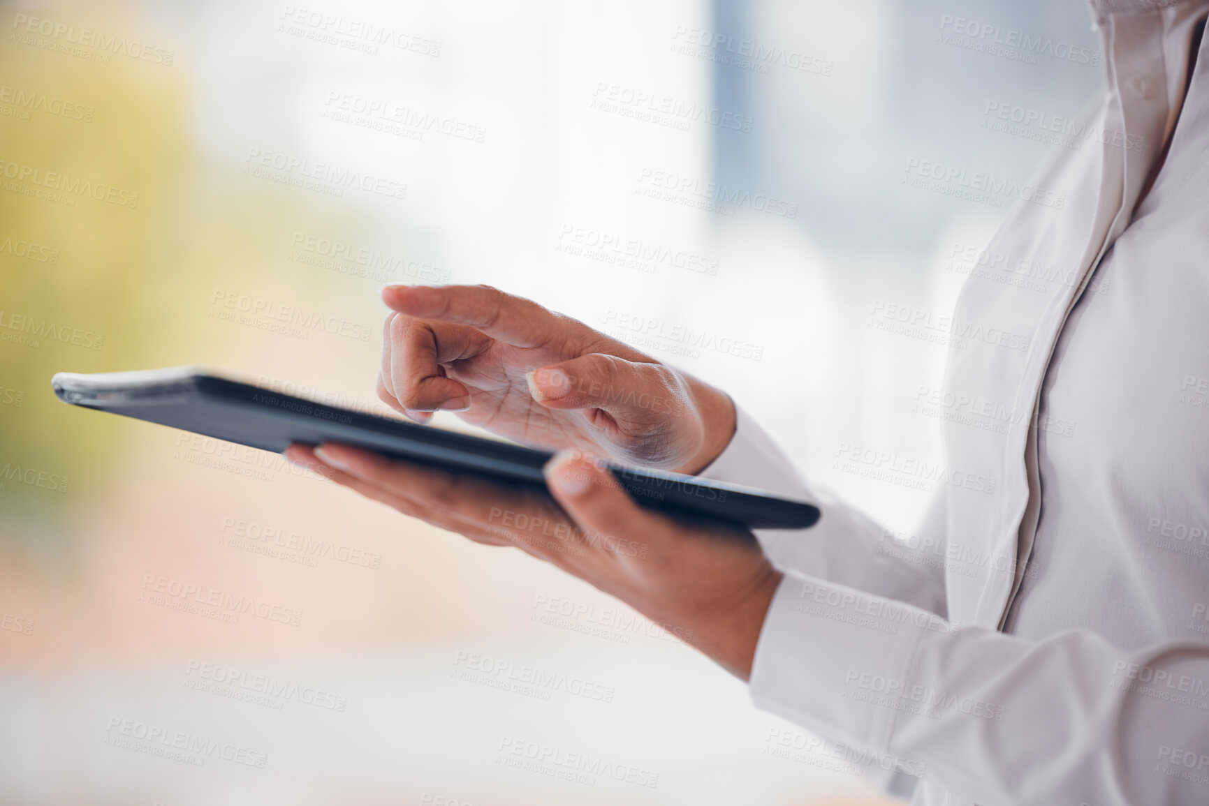 Buy stock photo Woman, hands and tablet in research, networking or social media for online communication at office. Closeup of female person or employee with technology in browsing, web search or design at workplace