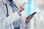 Doctor, phone for networking and world graphic overlay for medical research, connection and communication. Global hologram, smartphone and healthcare professional with future technology for medicine.