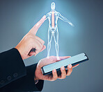 Person, hands and phone with body hologram, x ray or mockup for anatomy against a studio background. Closeup of doctor, nurse or medical professional with mobile smartphone, 3D display or health app