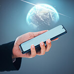 Person, hands and phone with 3D globe, mockup screen or hologram for global communication or networking. Closeup of user holding mobile smartphone display for social media world or internet service