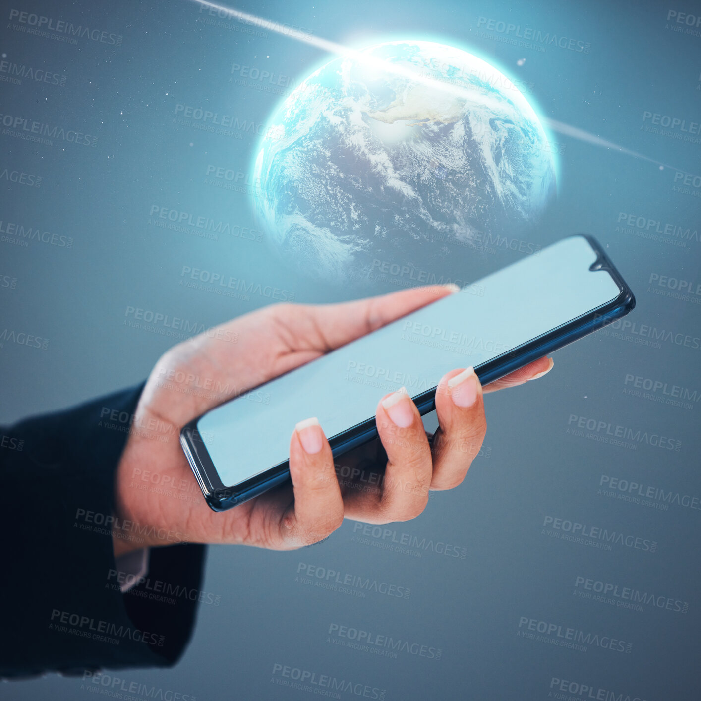 Buy stock photo Person, hands and phone with 3D globe, mockup screen or hologram for global communication or networking. Closeup of user holding mobile smartphone display for social media world or internet service