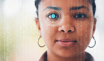 Buy stock photo Cybersecurity, woman portrait and eye scan for facial recognition and biometric check. Identity scanner, retina monitoring and security system for protection and verification of face with overlay