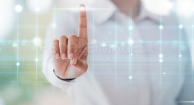 Buy stock photo Finger, interface hologram and business person with hand gesture for biometrics, digital scan and ui. Corporate, overlay and person with fingerprint for user experience, cybersecurity and touchscreen