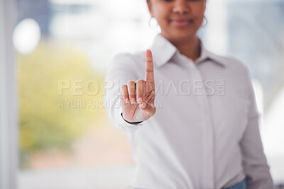 Buy stock photo Finger, user interface and business woman in office with hand gesture for biometrics, digital scan and ui. Mockup, point and person with fingerprint for user experience, cybersecurity and touchscreen