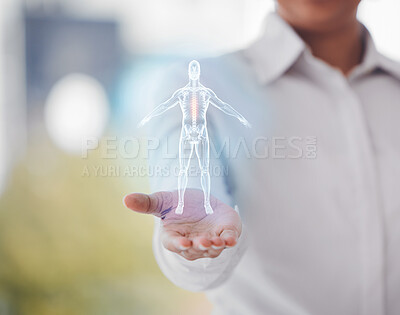 Buy stock photo Hand, hologram and human anatomy for healthcare, medicine or medical research for graphic innovation. Person, professional and 3d body or skeleton for futuristic study, chest pain and xray diagnosis