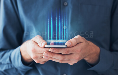 Buy stock photo Hands, person and smartphone with hologram, typing and futuristic with connection, social media or metaverse. Closeup, employee or consultant with a cellphone, holographic or digital app with network