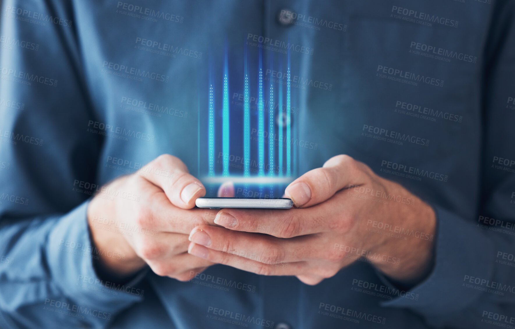 Buy stock photo Hands, person and smartphone with hologram, typing and futuristic with connection, social media or metaverse. Closeup, employee or consultant with a cellphone, holographic or digital app with network