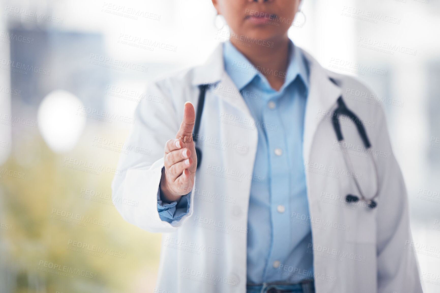 Buy stock photo Hospital person, doctor and hand shake gesture for healthcare welcome, partnership or wellness support. Clinic agreement, cardiology and medical expert, surgeon or nurse handshake for health services