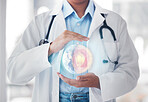 Globe, hologram and doctor in hospital for network, biometrics and website for telehealth. Futuristic, healthcare mockup and person with earth overlay for digital scan, clinic ux and medical research