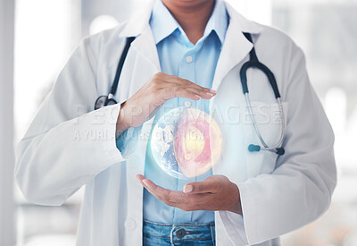 Buy stock photo Globe, hologram and doctor in hospital for network, biometrics and website for telehealth. Futuristic, healthcare mockup and person with earth overlay for 3d digital scan, ux and medical research