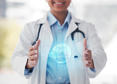 Buy stock photo World, hologram and doctor in hospital for network, 3d and website for telehealth. Futuristic, healthcare mockup and person hands with globe overlay for digital scan, clinic ux and medical research