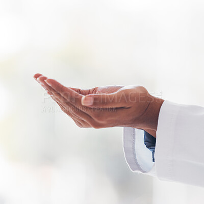 Buy stock photo Palm, healthcare and a doctor with space in the hospital for artificial intelligence or metaverse innovation. Medical, future and hands with a medicine professional closeup in a clinic for analysis