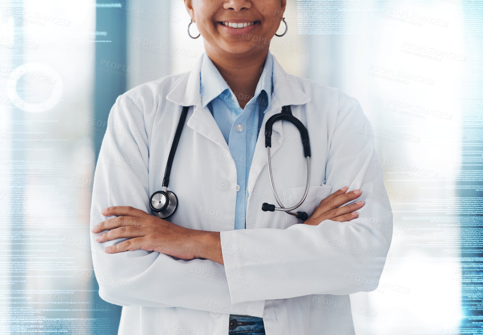 Buy stock photo Doctor hands, arms crossed or overlay person for healthcare study, hospital info or cardiovascular help. Closeup, virtual cardiology data or medical expert, surgeon or nurse for professional services