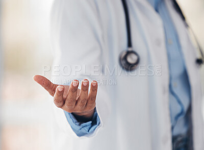 Buy stock photo Hand, healthcare and a doctor with invisible or space advertising for artificial intelligence or metaverse innovation. Medical, future and gesture with a medicine professional closeup in a hospital 