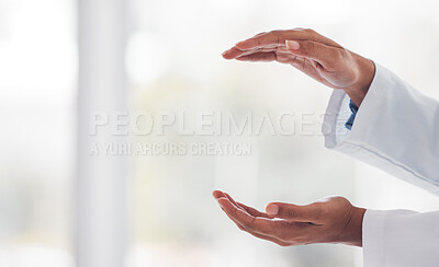 Hands, health and a doctor with space in the hospital for artificial intelligence or metaverse innovation. Healthcare, future and medical with a medicine professional closeup in a clinic for analysis