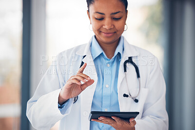 Buy stock photo Finger, doctor and woman with tablet in hospital for user interface, biometrics and ux for telehealth. Futuristic, healthcare and person with digital tech for website, clinic and medical research