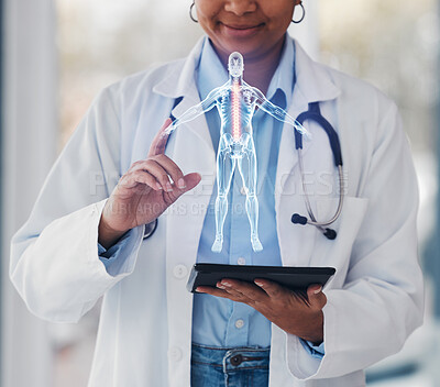 Buy stock photo Doctor, tablet for networking and anatomy hologram for medical research, connection and communication. 3d overlay, body and healthcare professional, future technology on digital app and medicine