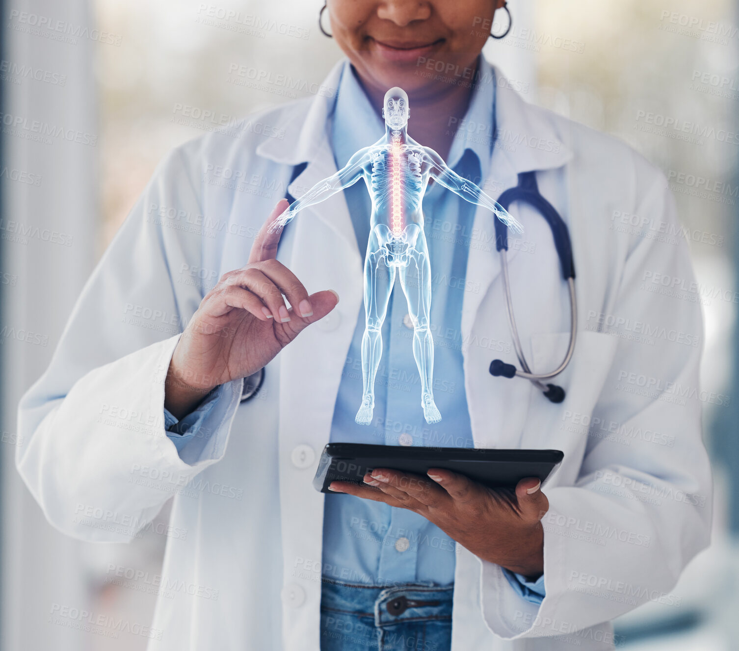 Buy stock photo Doctor, tablet for networking and anatomy hologram for medical research, connection and communication. 3d overlay, body and healthcare professional, future technology on digital app and medicine