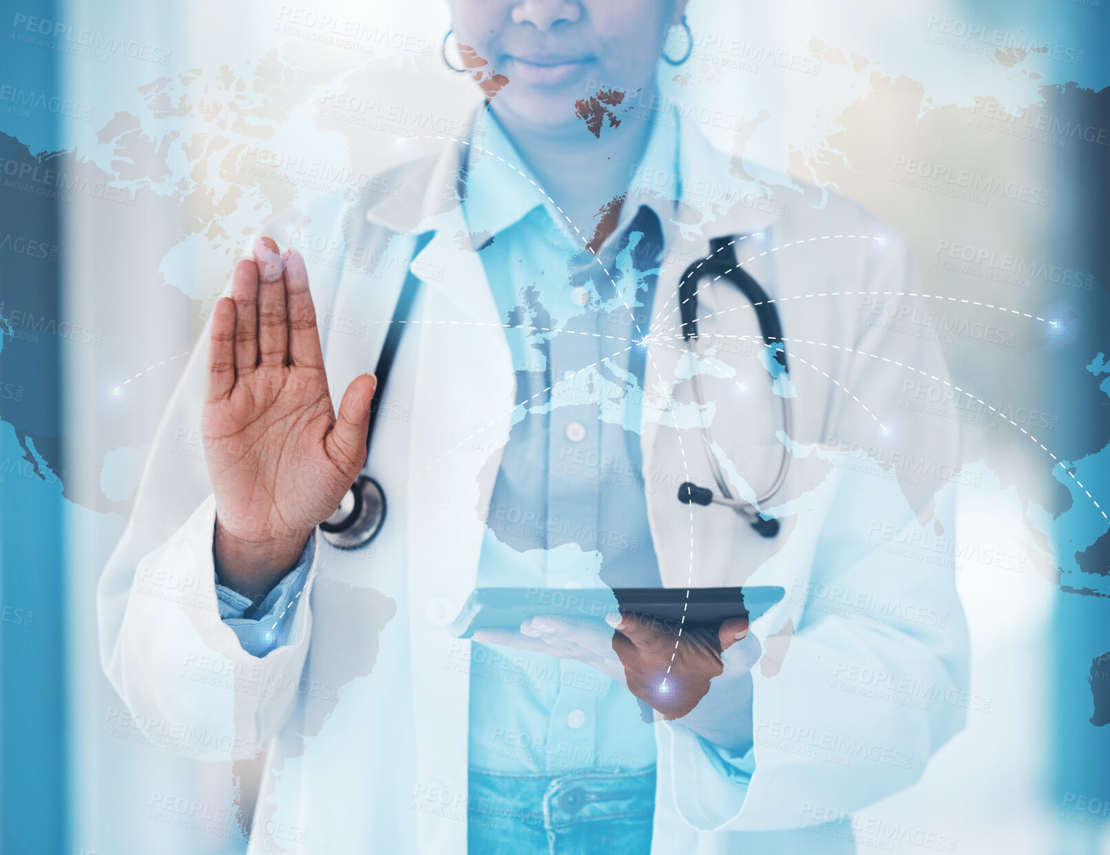 Buy stock photo Doctor, tablet for networking and world hologram overlay for medical research, connection or communication. Global graphic, medicine or healthcare professional with future technology with hand