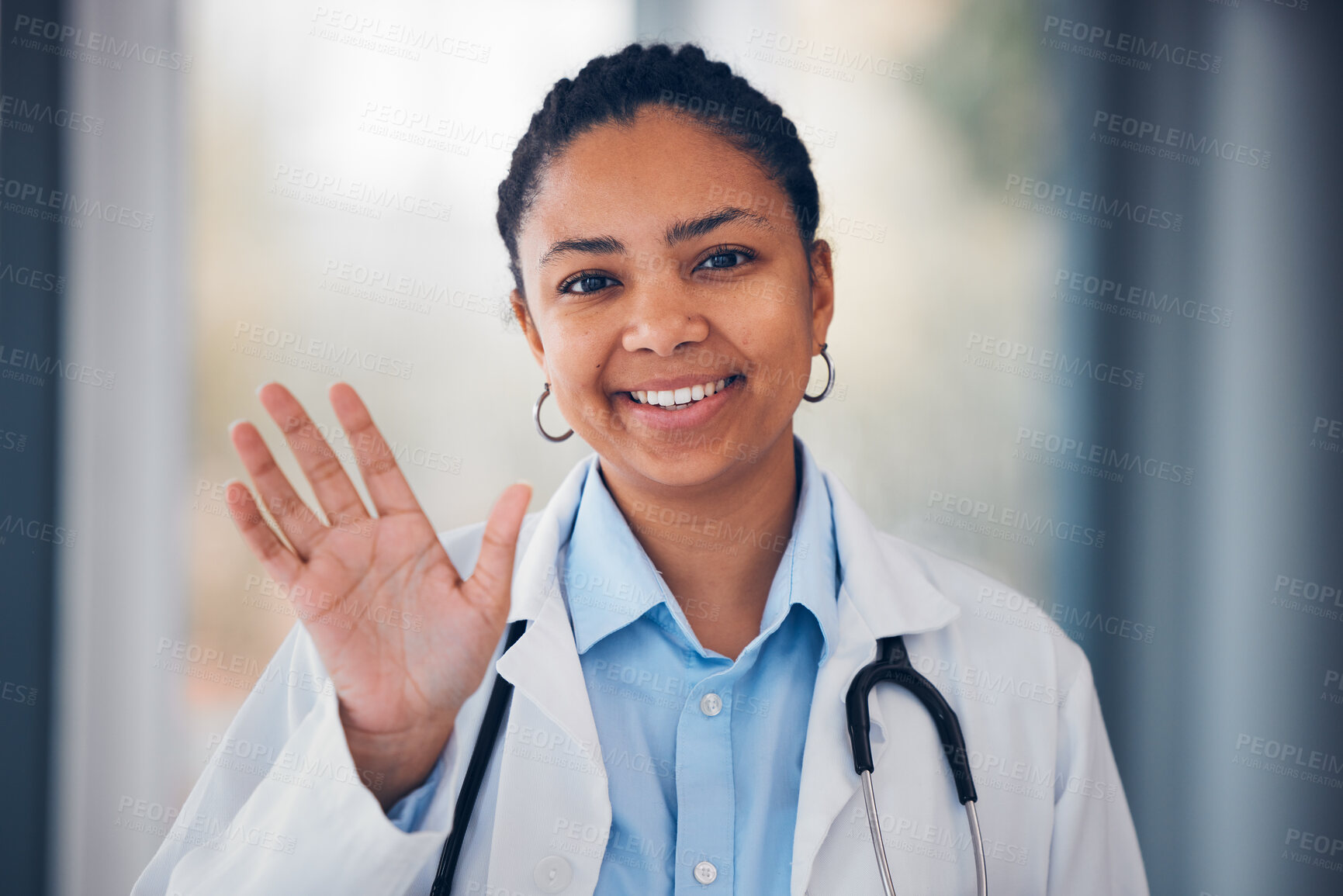 Buy stock photo Happy woman, portrait and doctor wave hello for meeting, greeting or Telehealth at friendly hospital. Female person, nurse or professional surgeon smile for medical introduction or visit at clinic