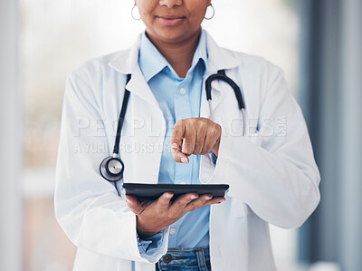 Buy stock photo Doctor, tablet for touch and finger on button for medical research, connection and communication. Website, digital app and healthcare professional with invisible, future technology and medicine.