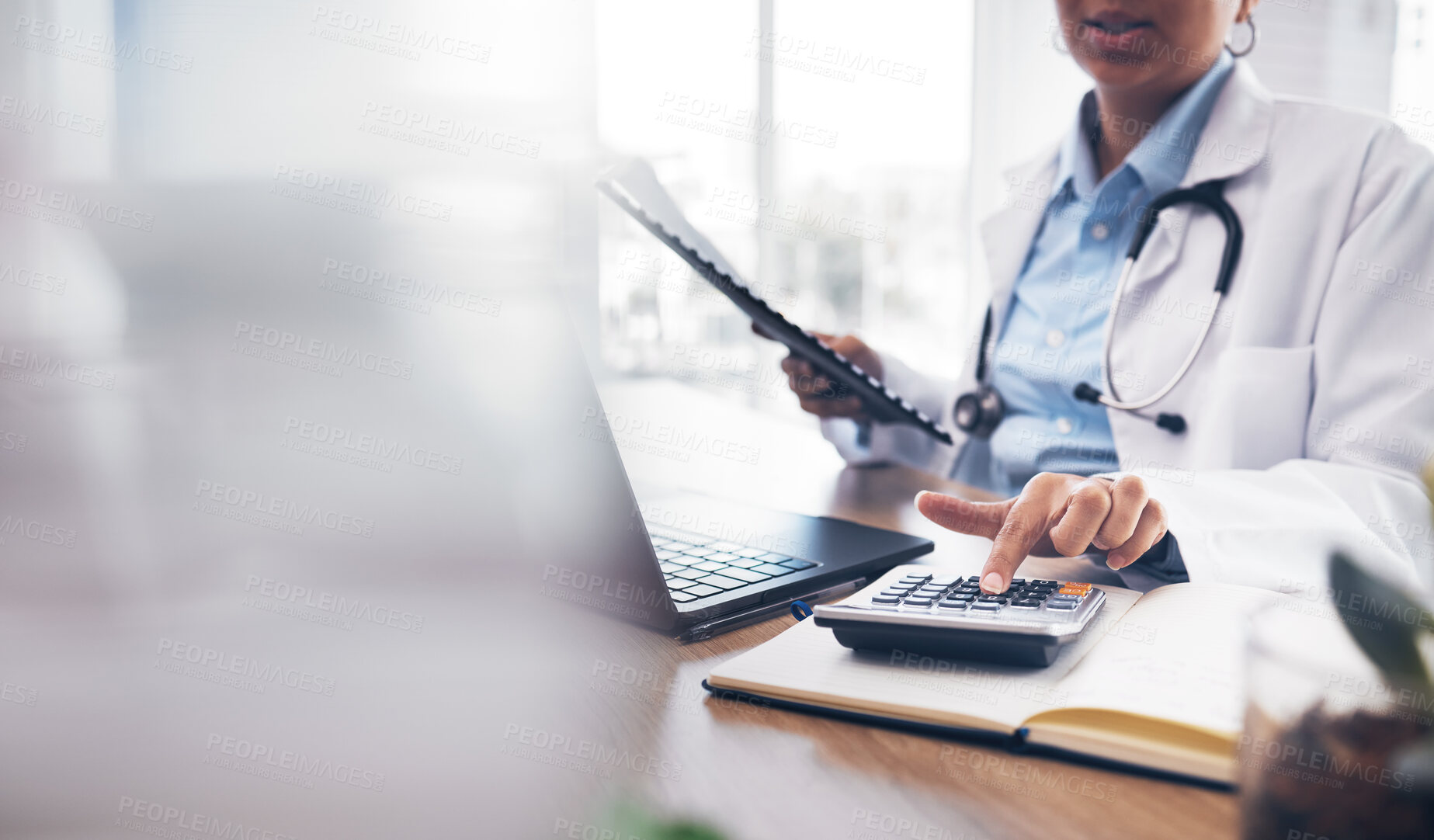 Buy stock photo Accounting doctor, calculator and hands of person calculating bookkeeping finance, hospital budget or medical savings. Mockup space, healthcare and accountant working on taxes, audit or compliance