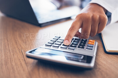 Buy stock photo Administration hands, calculator and typing person calculating bookkeeping finance, bank payroll or savings balance. Asset management, closeup math or accountant working on taxes, audit or compliance