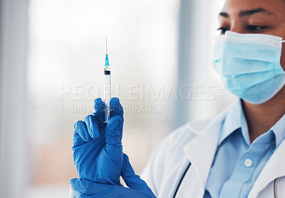 Buy stock photo Healthcare, doctor and woman with syringe and mask for injection, medical support and wellness in clinic. Vaccine, professional person and virus cure or pharmaceutical insulin for health with gloves