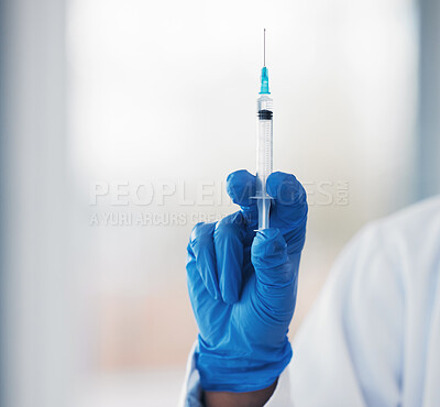 Buy stock photo Closeup, hand or doctor with needle, healthcare or vaccination with disease, sick or illness. Medical professional, person or blue glove with injection, shot for infection or cure with virus or drugs