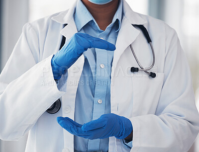 Buy stock photo Hands, health and a doctor with space or invisible advertising in hospital for artificial intelligence or metaverse innovation. Medical, future and gloves with a medicine closeup for healthcare