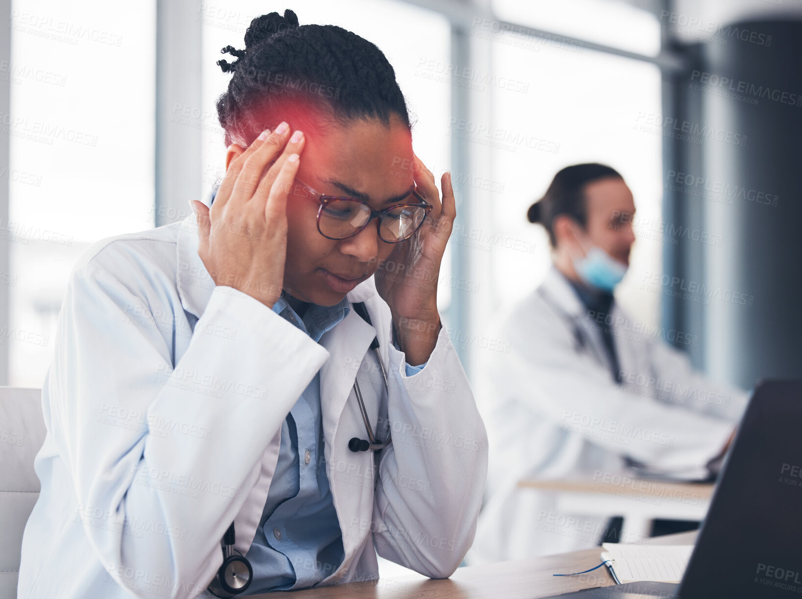Buy stock photo Woman, doctor and headache at desk or healthcare burnout at hospital, mental stress or tired. African female professional, fatigue and pain at laptop or working brain fog depression, vertigo or sick