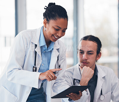 Buy stock photo People, doctor and mentor with tablet in hospital for consultation, teaching or training. Diverse team, man and woman in medical care in health, strategy or results for patient, diagnosis and clinic