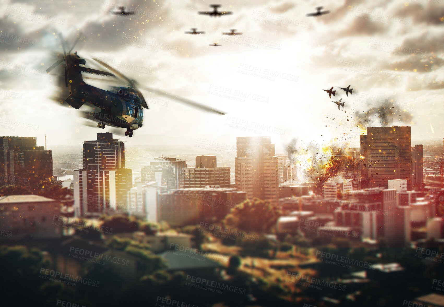 Buy stock photo City, helicopter and fight with warzone, conflict and explosion with battlefield, urban development and destruction. Fighters, town and outdoor with buildings, aerial attack and action with combat