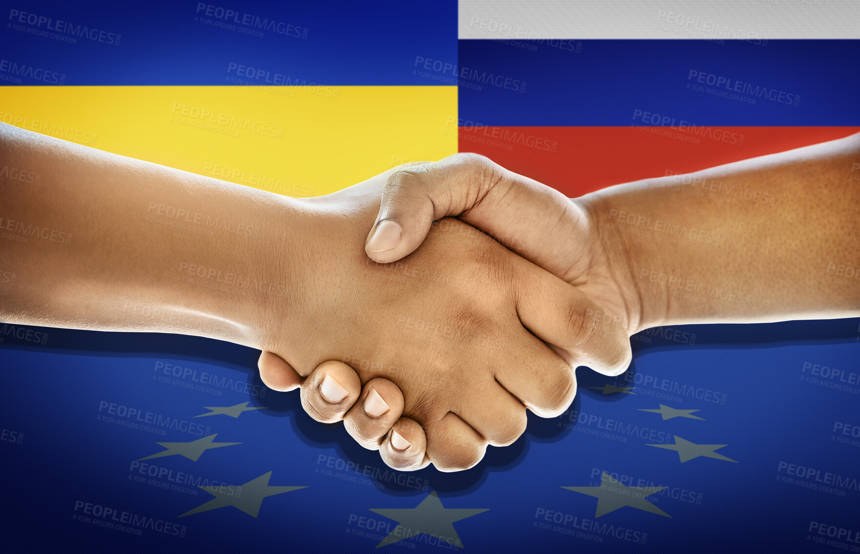 Buy stock photo Handshake, Ukraine and Russia flag with peace agreement, respect and solution for conflict in Europe. People, shaking hands and yes in negotiation, vote or stop war for future, military or government