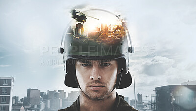 Buy stock photo Soldier man, army and double exposure for war, city and helicopter with explosion, sad and stress in portrait. Warrior, hero and military service agent in helmet, bomb and warzone in Ukraine conflict