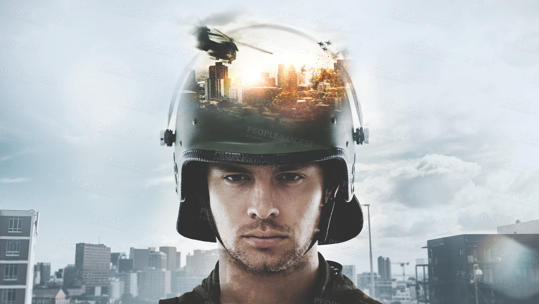 Buy stock photo Soldier man, army and double exposure for war, city and helicopter with explosion, sad and stress in portrait. Warrior, hero and military service agent in helmet, bomb and warzone in Ukraine conflict