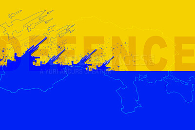 Buy stock photo Ukraine flag, missile launch or conflict with Russia for freedom, justice and human rights with machine weapon. Bomb, shooting and war with gun, military or army illustration in service for country