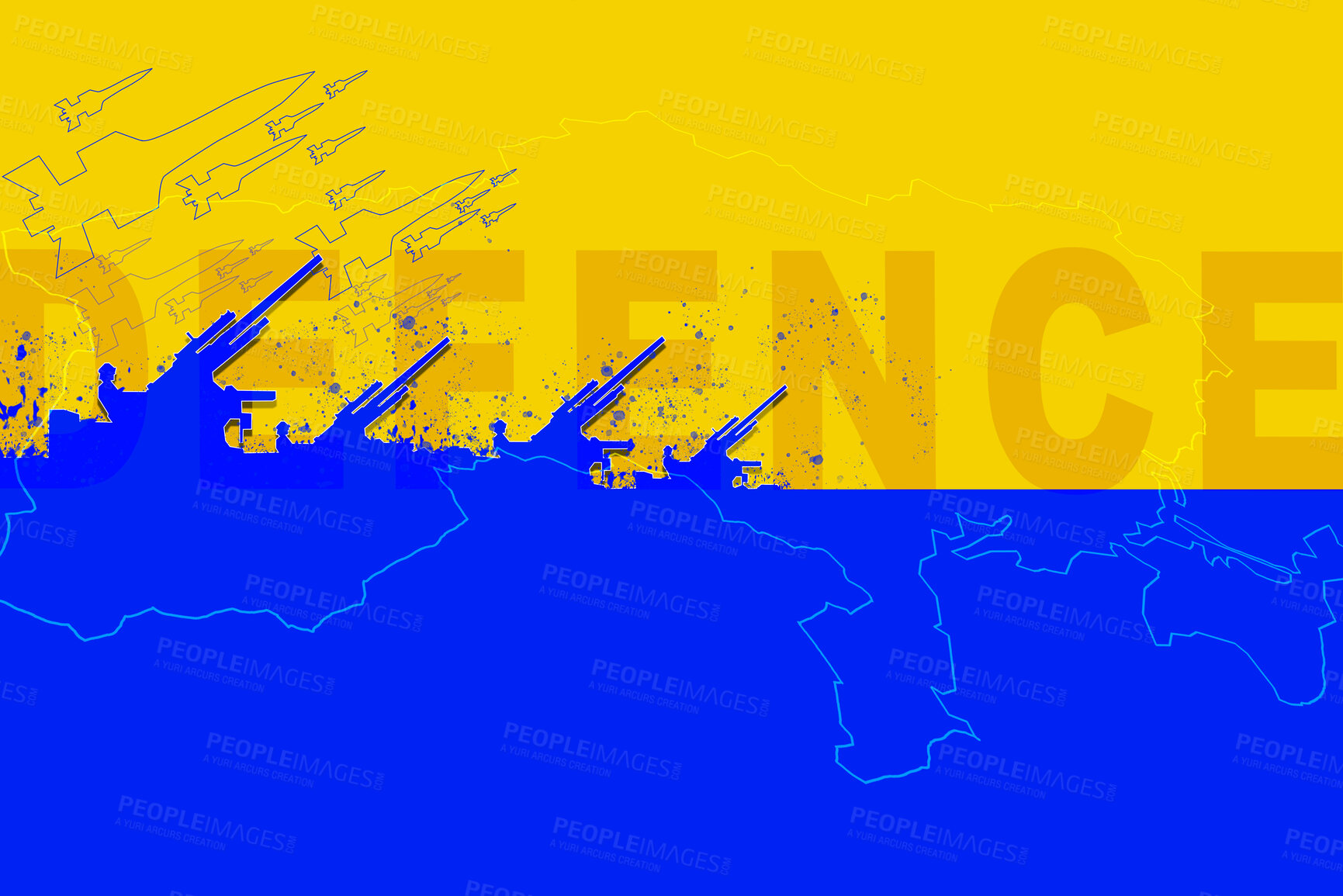 Buy stock photo Ukraine flag, missile launch or conflict with Russia for freedom, justice and human rights with machine weapon. Bomb, shooting and war with gun, military or army illustration in service for country