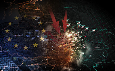 Buy stock photo Ukraine map, war and satellite for Europe flag, arrow illustration and target in conflict with Russia. Global battlefield, warzone and fight for human rights, politics or freedom with double exposure