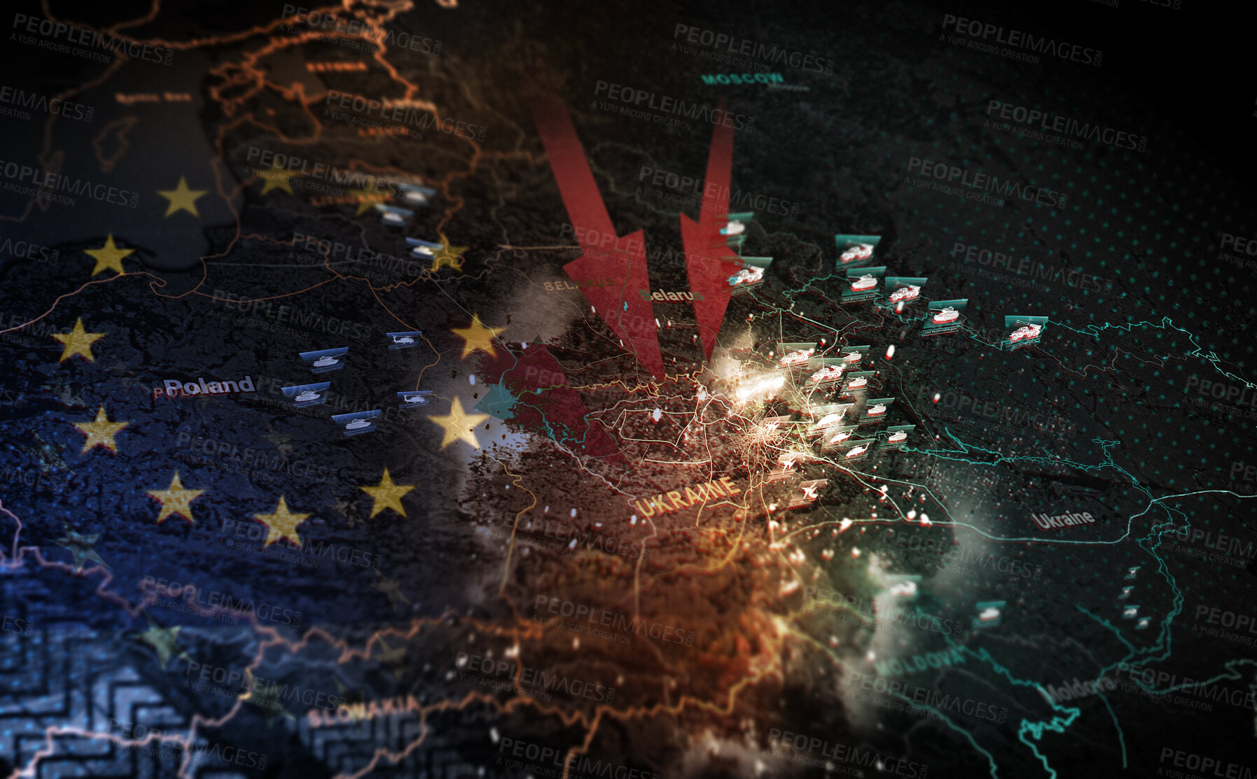 Buy stock photo Ukraine map, war and satellite for Europe flag, arrow illustration and target in conflict with Russia. Global battlefield, warzone and fight for human rights, politics or freedom with double exposure