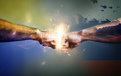 Buy stock photo Hands, fist and double exposure with men at war closeup for support, motivation or teamwork. Flare, overlay or explosion for collaboration with people fighting for freedom in the army or military