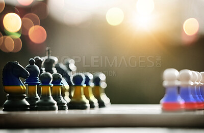 Buy stock photo Chess, Ukraine and Russia flag for war, strategy or overlay for combat, battle or fight with bokeh. Global conflict, military games and international warzone for freedom, mockup space or human rights